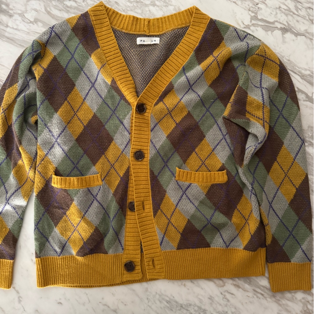 PacSun Argyle Cardigan in Mustard, Brown, and Green